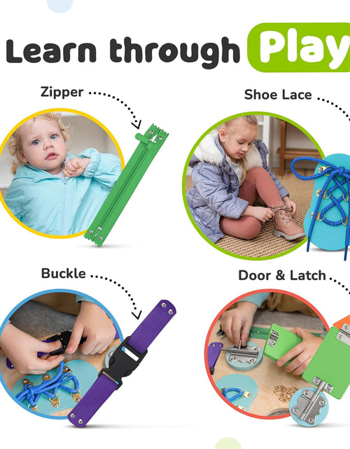 Load image into Gallery viewer, Montessori Busy Board for Toddlers, Kids Sensory Toy Wooden Activity Board with 10 Preschool Educational Activities to Develop Fine Motor Skills, Travel Toy, Boys & Girls Gift