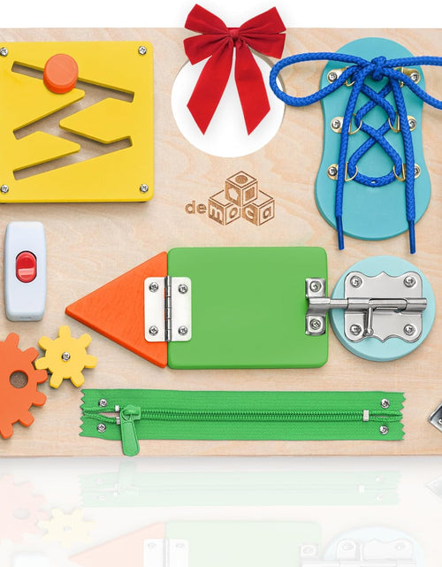 Load image into Gallery viewer, Montessori Busy Board for Toddlers, Kids Sensory Toy Wooden Activity Board with 10 Preschool Educational Activities to Develop Fine Motor Skills, Travel Toy, Boys & Girls Gift