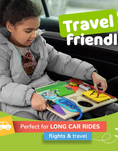 Load image into Gallery viewer, Montessori Busy Board for Toddlers, Kids Sensory Toy Wooden Activity Board with 10 Preschool Educational Activities to Develop Fine Motor Skills, Travel Toy, Boys & Girls Gift