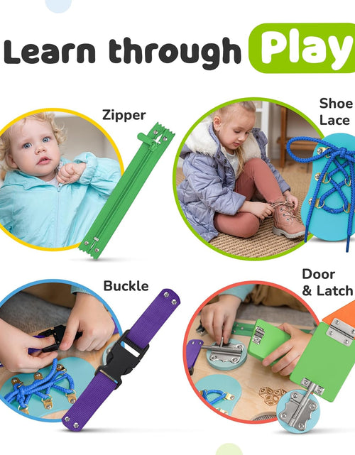 Load image into Gallery viewer, Montessori Busy Board for Toddlers, Kids Sensory Toy Wooden Activity Board with 10 Preschool Educational Activities to Develop Fine Motor Skills, Travel Toy, Boys & Girls Gift