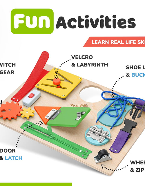 Load image into Gallery viewer, Montessori Busy Board for Toddlers, Kids Sensory Toy Wooden Activity Board with 10 Preschool Educational Activities to Develop Fine Motor Skills, Travel Toy, Boys & Girls Gift