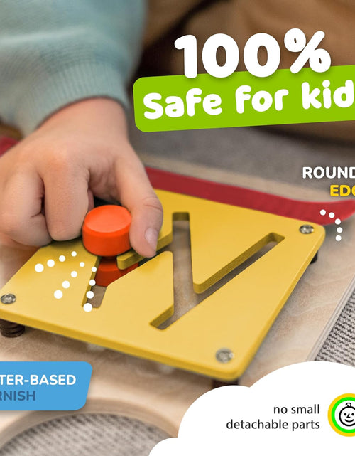 Load image into Gallery viewer, Montessori Busy Board for Toddlers, Kids Sensory Toy Wooden Activity Board with 10 Preschool Educational Activities to Develop Fine Motor Skills, Travel Toy, Boys & Girls Gift