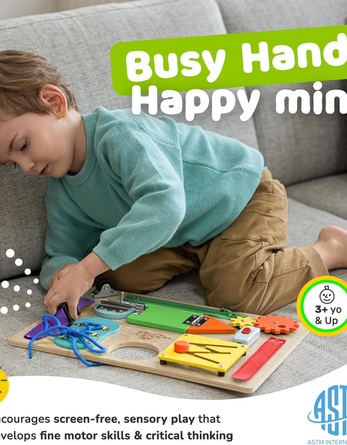 Load image into Gallery viewer, Montessori Busy Board for Toddlers, Kids Sensory Toy Wooden Activity Board with 10 Preschool Educational Activities to Develop Fine Motor Skills, Travel Toy, Boys & Girls Gift