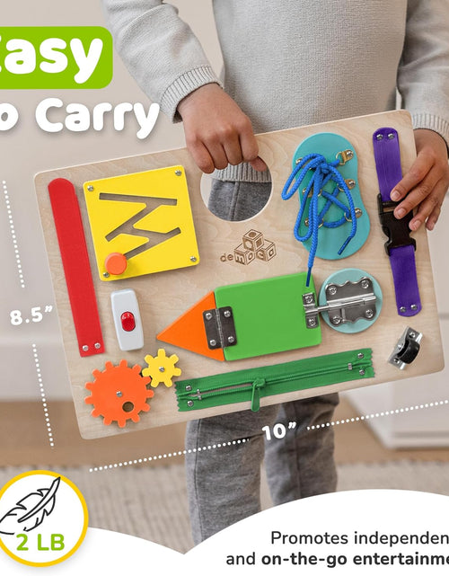 Load image into Gallery viewer, Montessori Busy Board for Toddlers, Kids Sensory Toy Wooden Activity Board with 10 Preschool Educational Activities to Develop Fine Motor Skills, Travel Toy, Boys & Girls Gift