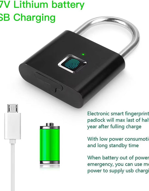 Load image into Gallery viewer, Portable Fingerprint Padlock USB Rechargeable Lithium Battery Waterproof Durable Zinc Alloy Lockbody