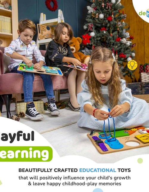 Load image into Gallery viewer, Montessori Busy Board for Toddlers, Kids Sensory Toy Wooden Activity Board with 10 Preschool Educational Activities to Develop Fine Motor Skills, Travel Toy, Boys & Girls Gift