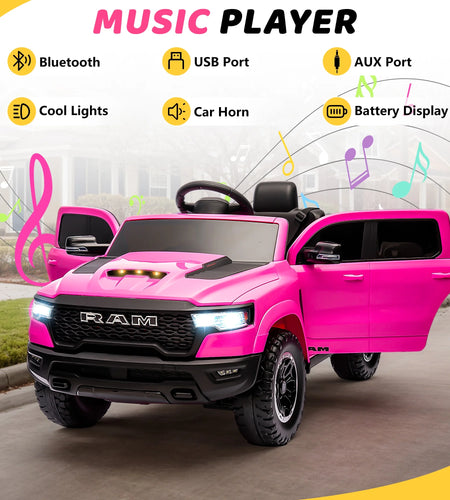 RAM Ride on Car, 12V Powered Ride on Toy with Remote Control, 4 Wheel Suspension, 5 Point Safety Belt, MP3 Player, Bluetooth, LED Lights, Electric Cars for 3-8 Years Boys Girls