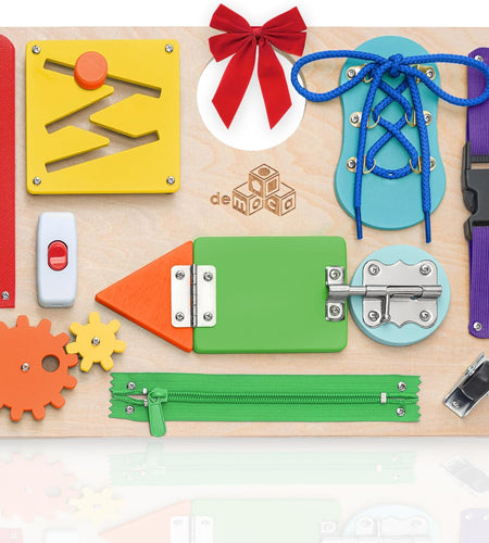 Montessori Busy Board for Toddlers, Kids Sensory Toy Wooden Activity Board with 10 Preschool Educational Activities to Develop Fine Motor Skills, Travel Toy, Boys & Girls Gift