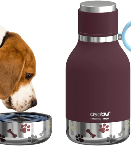 Dog Bowl Attached to Stainless Steel Insulated Bottle 1 Liter (Burgundy)