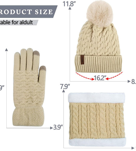 3Pcs Winter Women Beanie Hat Scarf and Touch Screen Gloves Sets Girls Classic Knit Warm Chunky Fleece Lined Cable Cap