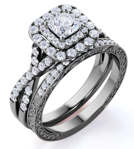 Square Diamond - Double Halo - Twisted Band - Vintage Inspired - Pave - Wedding Ring Set in 10K Rose Gold