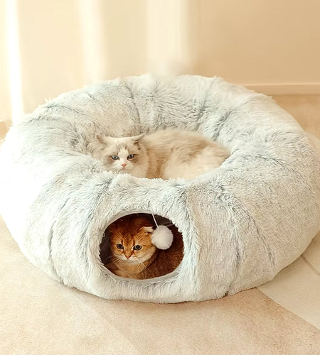 Plush Pets Cat Kennel Gray Foldable round Cats Nest Crossing Tunnel Bed Winter Warm Collapsible Basket Cushion Mat Pet Supplies