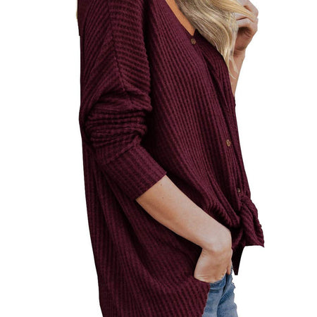 Womens Loose Blouse Long Sleeve V Neck Button down T Shirts Tie Front Knot Casual Tops Wine Red L