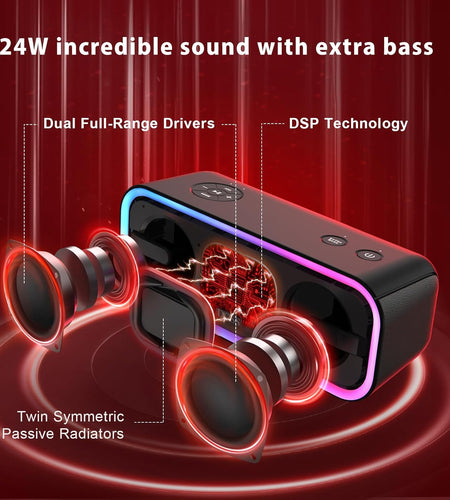 Bluetooth Speaker,  Soundbox Pro+ Wireless Pairing Speaker with 24W Stereo Sound, Punchy Bass, IPX6 Waterproof, 15Hrs Playtime, Multi-Colors Lights, for Home,Outdoor-Black
